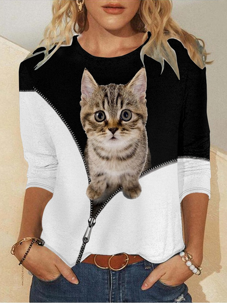 Funny Cat Casual Crew Neck Animal Long Sleeve Shirt, Long sleeves, Lilicloth.com