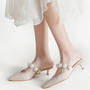 Elegant Imitation Pearl PVC Band Pointed Toe Low Heel Mules, Heels, color:Apricot|size:40, Stylewe