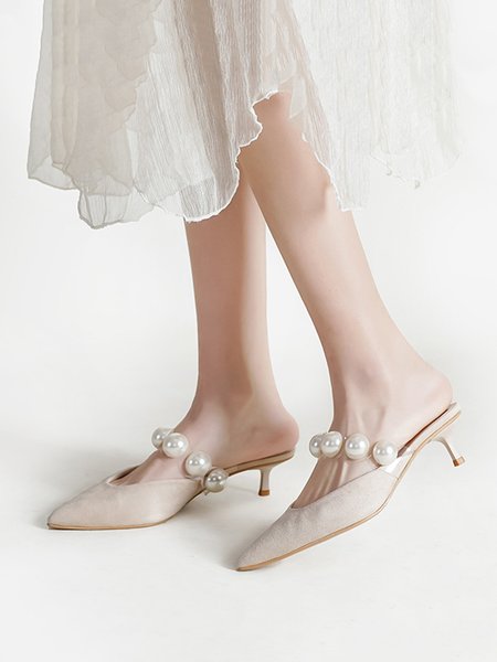 Elegant Imitation Pearl PVC Band Pointed Toe Low Heel Mules, Heels, color:Apricot|size:40, Stylewe