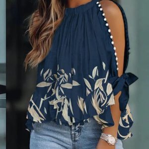 Crew Neck Printed Vacation Three Quarter Top, Blouses and Shirts, color:Purplish blue|size:S, Stylewe
