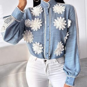 Floral Pattern Contrast Lace Buttoned Top, T-shirt & Tees, chicme - Women's Fashion Online