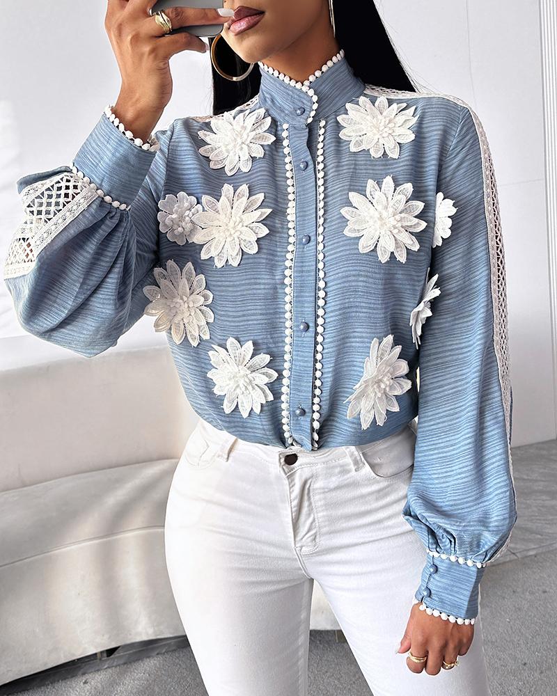 Floral Pattern Contrast Lace Buttoned Top, T-shirt & Tees, chicme - Women's Fashion Online