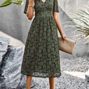 Women Plain V Neck Short Sleeve Comfy Casual Lace Midi Dress, Dresses, color:Army Green|size:XL, Noracora