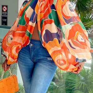 Floral Loose Vacation Stand Collar Shirt, Blouses and Shirts, color:Orange|size:XXL, Stylewe