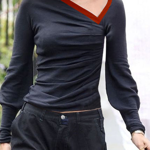 Urban Regular Fit Long Sleeve Asymmetrical Color Block Shirt, Blouses and Shirts, color:Black-red|size:XXL, Stylewe