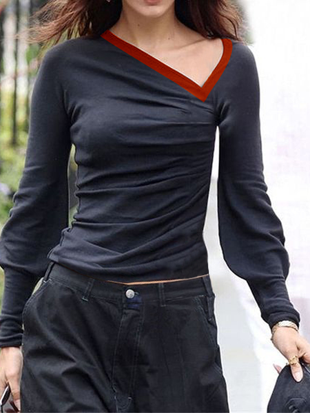 Urban Regular Fit Long Sleeve Asymmetrical Color Block Shirt, Blouses and Shirts, color:Black-red|size:XXL, Stylewe