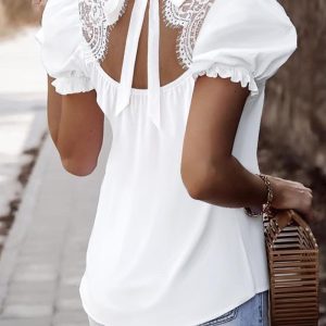 Puff Sleeve Eyelash Lace Patch Top, Blouses & Shirts, chicme - Women's Fashion Online