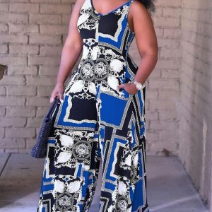 Plus Size Baroque Scarf Print Wide Leg Jumpsuit, Jumpsuits&Rompers, chicme - Women's Fashion Online