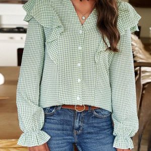 Shirt Collar Long Sleeve Plaid Regular Loose Blouse For Women, Blouses, color:Green|size:XL, Noracora
