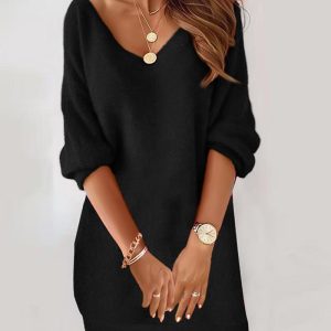 Plain V-Neck Fluffy Casual Dress, Casual Dresses, chicme - Women's Fashion Online