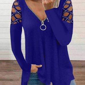 Casual Plain V Neck Long Sleeve T-shirt, T-shirts, color:Blue|size:5XL, Noracora