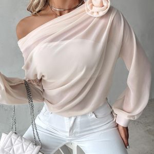 Rose Detail Ruched Skew Neck Chiffon Top, Blouses & Shirts, chicme - Women's Fashion Online