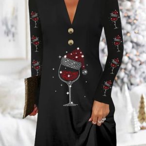 Women Christmas Wine Glass Long Sleeve Comfy Casual Buckle Midi Dress, Dresses, color:Black|size:XXL, Noracora