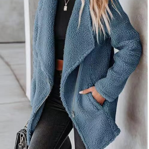 Shawl Collar Long Sleeve Plain Heavyweight Loose Teddy Jacket For Women, Coats, color:Blue|size:XXL, Noracora