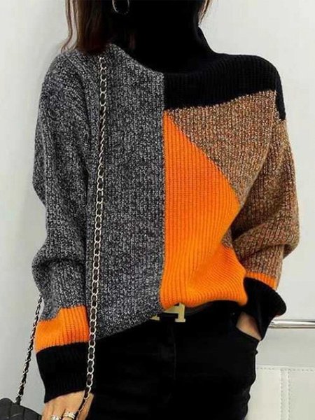 Long sleeve Turtleneck Regular Loose Sweater, Pullovers, color:Multicolor|size:XXL, Stylewe