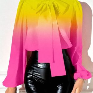 Urban Ombre Lantern Sleeve Regular Fit Blouse, Blouses and Shirts, color:As Picture|size:XXL, Stylewe