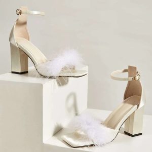 Fluffy Imitation Feather Satin Chunky Heeled Ankle Strap Sandals, Heels, color:Beige|size:42, Stylewe