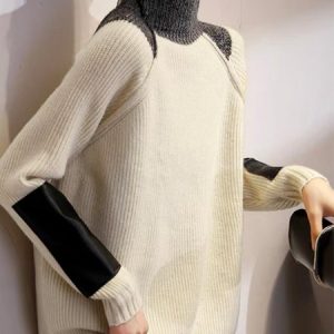 Long Sleeve Urban Color Block Turtleneck Sweater, Pullovers, color:Off White|size:XXL, Stylewe