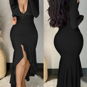 Long Sleeve Deep V-Neck Mermaid Dress, Party Dresses, chicme - Women's Fashion Online