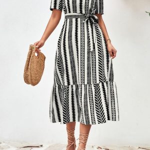 Women Striped Crew Neck Short Sleeve Comfy Casual Midi Dress, Midi, color:Black|size:XL, catalog Noracora shop