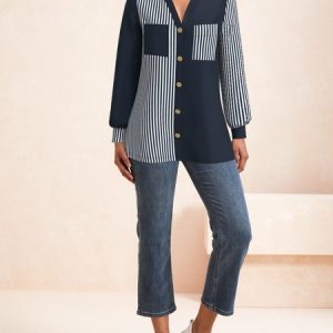Shirt Collar Long Sleeve Striped Buckle Regular Loose Blouse For Women, Blouses, color:Deep Blue|size:XXL, Noracora