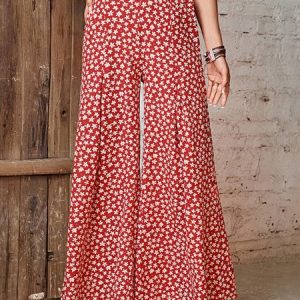 Casual Floral Long Pant, Pants, color:Red|size:XL, Noracora