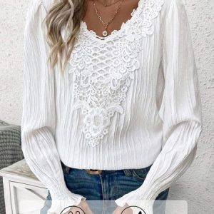 Women V Neck Long Sleeve Plain Lace Regular Loose Shirt, Blouses, color:White|size:XXL, Noracora