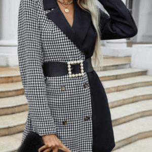 Fall Long Sleeve Color-Block A-Line Lapel Elegant Lady Dresses, Mini Dresses, color:As Picture|size:XXL, Stylewe