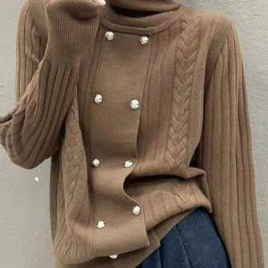 High Elasticity Turtleneck Long Sleeve Casual Sweater, Pullovers, color:Brown|size:XXL, Stylewe