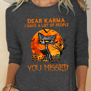 Crew Neck Long Sleeve Cat Regular Micro-Elasticity Regular Fit Shirt For Women, Blouses, color:Gray|size:3XL, Noracora