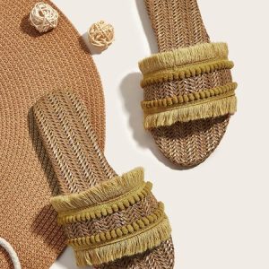 Bohemia Furry Ball Fringe Straw Flat Slide Sandals, Slippers, color:Brown|size:43, Stylewe