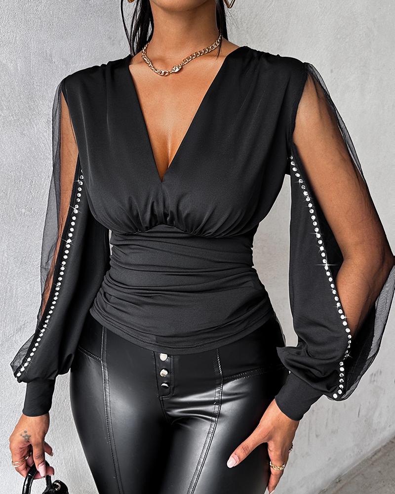 Plunge Sheer Mesh Patch Rhinestone Top, Blouses & Shirts, chicme - Women's Fashion Online