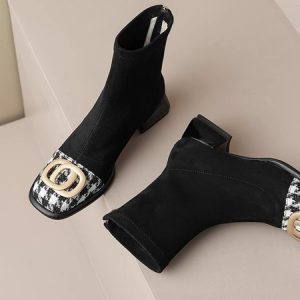 Elegant Houndstooth Non-Slip Zipper Block Heel Dress Boots Split Joint, Boots, color:Black|size:40, Noracora