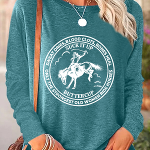 Women's Regular Fit Horse Crew Neck Casual Shirt, Long sleeves, Lilicloth.com