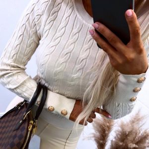 O-neck Long Sleeve Buttoned Braided Knit Sweater, Sweaters & Cardigans, chicme - Women's Fashion Online
