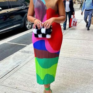 Colorblock Loose Urban Sleeveless Pleated Dress, Maxi Dresses, color:As Picture|size:XXL, Stylewe