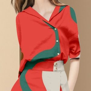Half Sleeve Urban Shawl Collar Geometric Blouse, Blouses and Shirts, color:Red|size:XXL, Stylewe