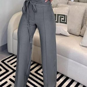 Tied Detail Straight Leg Work Pants, Pants, chicme - Women's Fashion Online