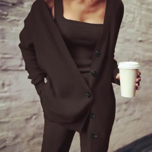Tank Top & Pants Set With Buttoned Cardigan, Two-piece Sets, chicme - Women's Fashion Online