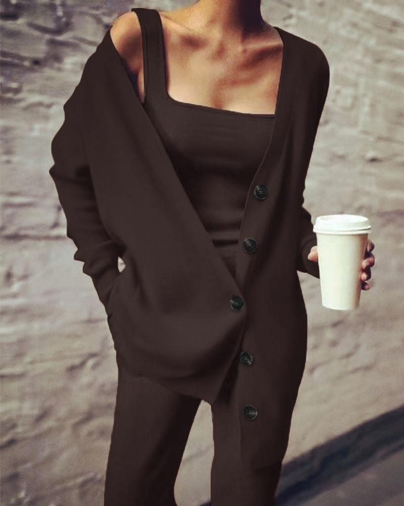 Tank Top & Pants Set With Buttoned Cardigan, Two-piece Sets, chicme - Women's Fashion Online