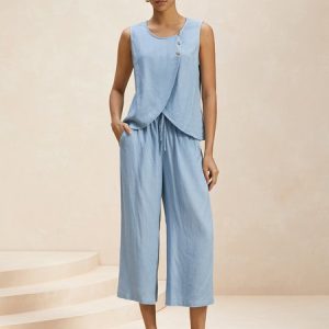 Women Plain Crew Neck Sleeveless Comfy Casual Top With Pants Two-Piece Set, Sets, color:Light Blue|size:XXL, Noracora