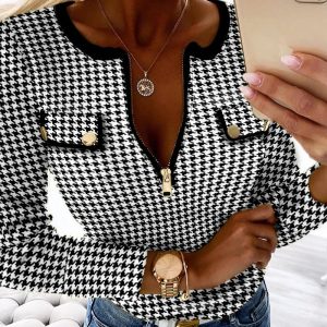 Houndstooth Print Zipper Design Flap Detail Top, Blouses & Shirts, chicme - Women's Fashion Online