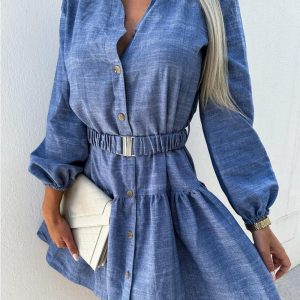 Denim Look Print Ruffle Hem Shirt Dress, Shirt Dresses, chicme - Women's Fashion Online