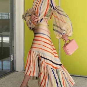 Elegant Regular Fit Striped Crew Neck Maxi Dress, Maxi Dresses, color:As Picture|size:XXL, Stylewe