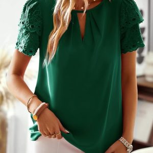 Notched Short Sleeve Plain Hollow Out Regular Loose Shirt For Women, Blouses, color:darkgreen|size:XL, Noracora