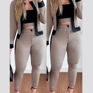 3PCS Plaid Print Contrast Paneled Crop Top & Pants Set With Coat, Two-piece Sets, chicme - Women's Fashion Online