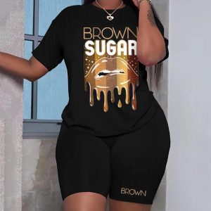 Brown Sugar Lip Print Crew Neck T-shirt & High Waist Shorts Set, Two Piece Sets(plus), chicme - Women's Fashion Online