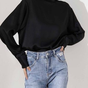 Daily Turtleneck Long sleeve Regular Fit Blouse, Blouses and Shirts, color:Black|size:XXL, Stylewe