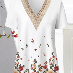 Casual Floral V Neck Short Sleeve T-shirt, T-shirts, color:White|size:XXL, Noracora