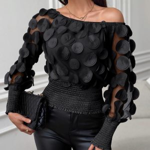 Floral Pattern Shirred Sheer Mesh Patch Top, Blouses & Shirts, chicme - Women's Fashion Online